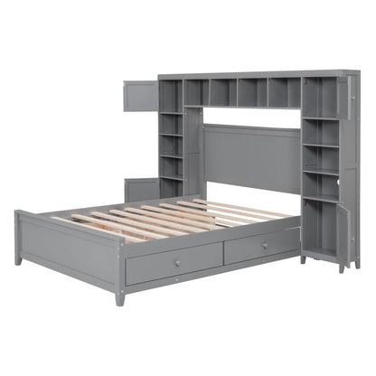 Full Size Bed With All In One Cabinet And Shelf - Gray