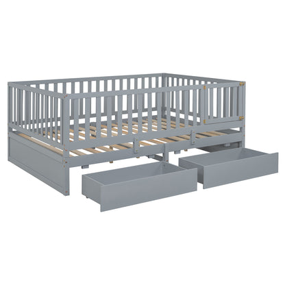 Full Size Daybed With Fence Guardrails And 2 Drawers - Gray