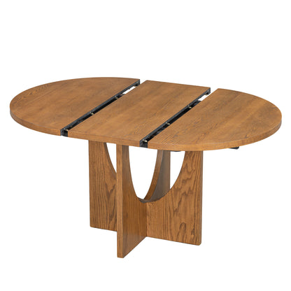 Topmax - 5 Piece Modern Extendable Round Dining Table Set With Removable Leaf For Small Places - Walnut / Beige