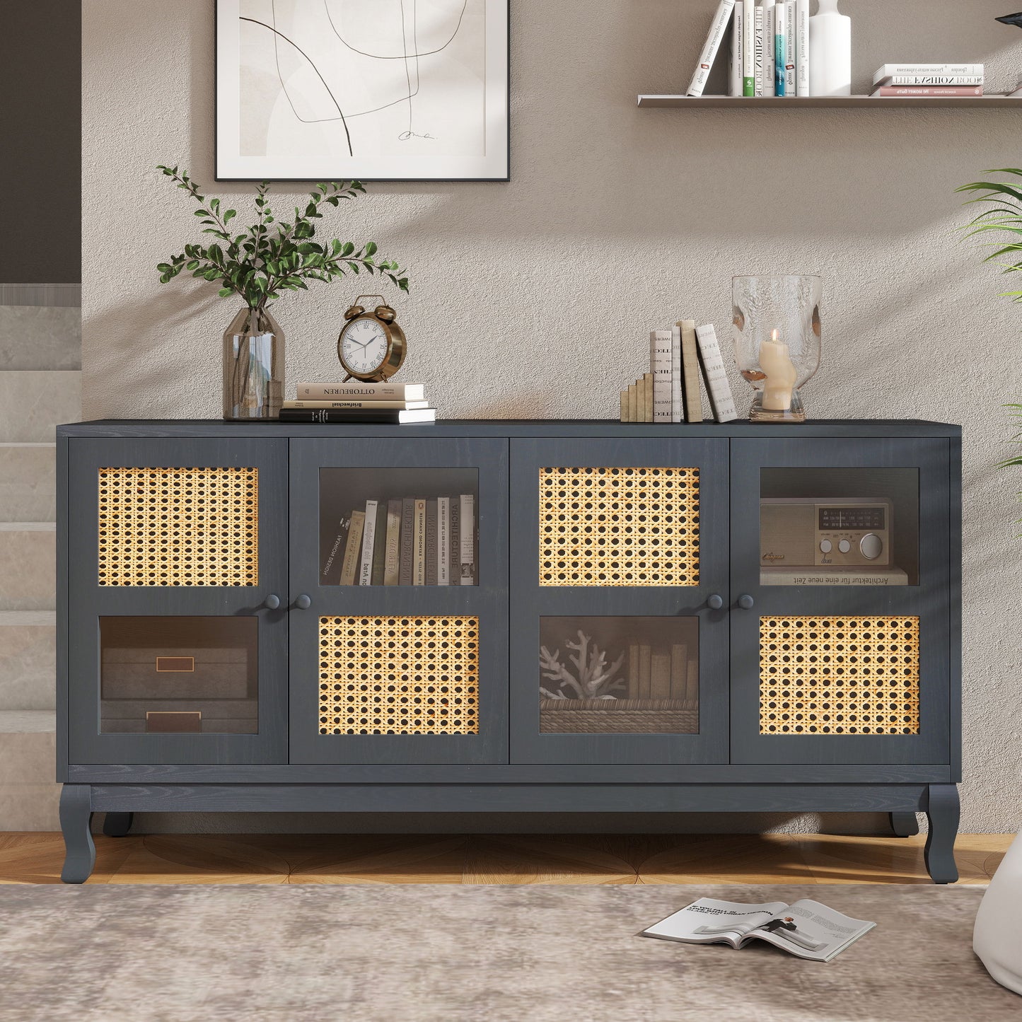 Retro Industrial Gray 4 Door Sideboard With Large Storage, Rattan And Glass Doors - Antique Dark Gray / Rattan