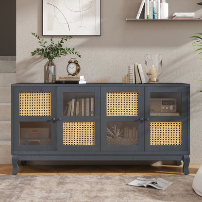 Retro Industrial Gray 4 Door Sideboard With Large Storage, Rattan And Glass Doors - Antique Dark Gray / Rattan