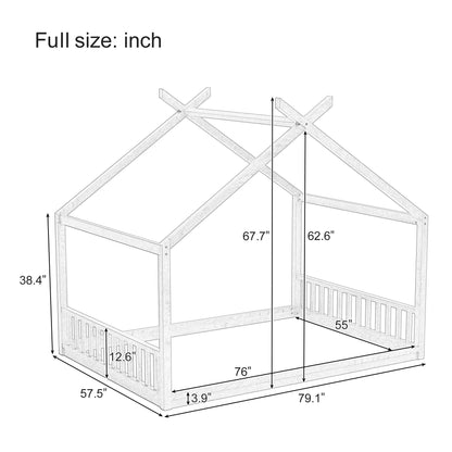 Full Size Montessori Style House Bed For Kids, Floor Bed Frame With Headboard And Footboard, Fence Bed For Girls, Boys, Slat Not Included - White