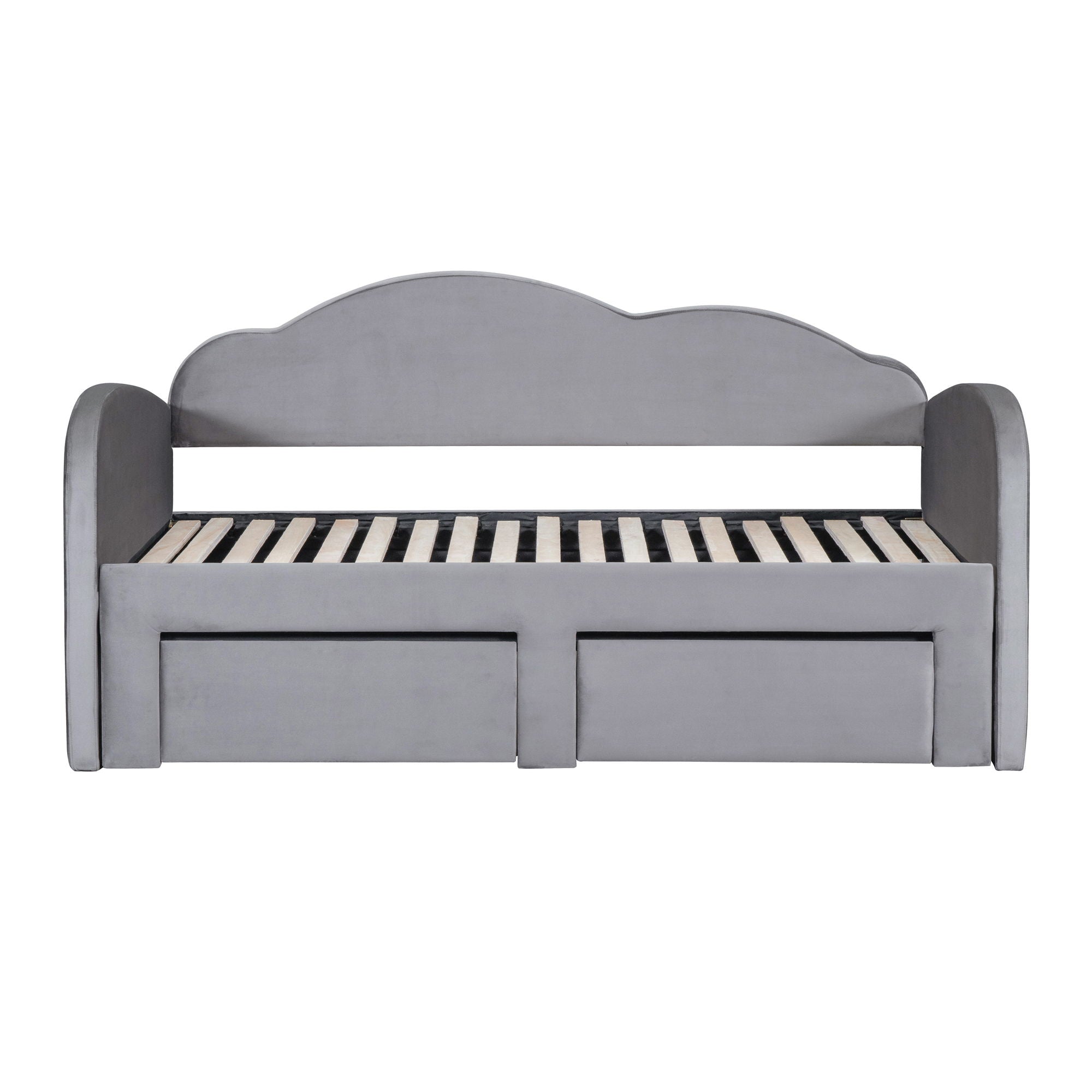 Twin Size Upholstered Daybed With Cloud-Shaped Backrest, Trundle & 2 Drawers And USB Ports - Gray