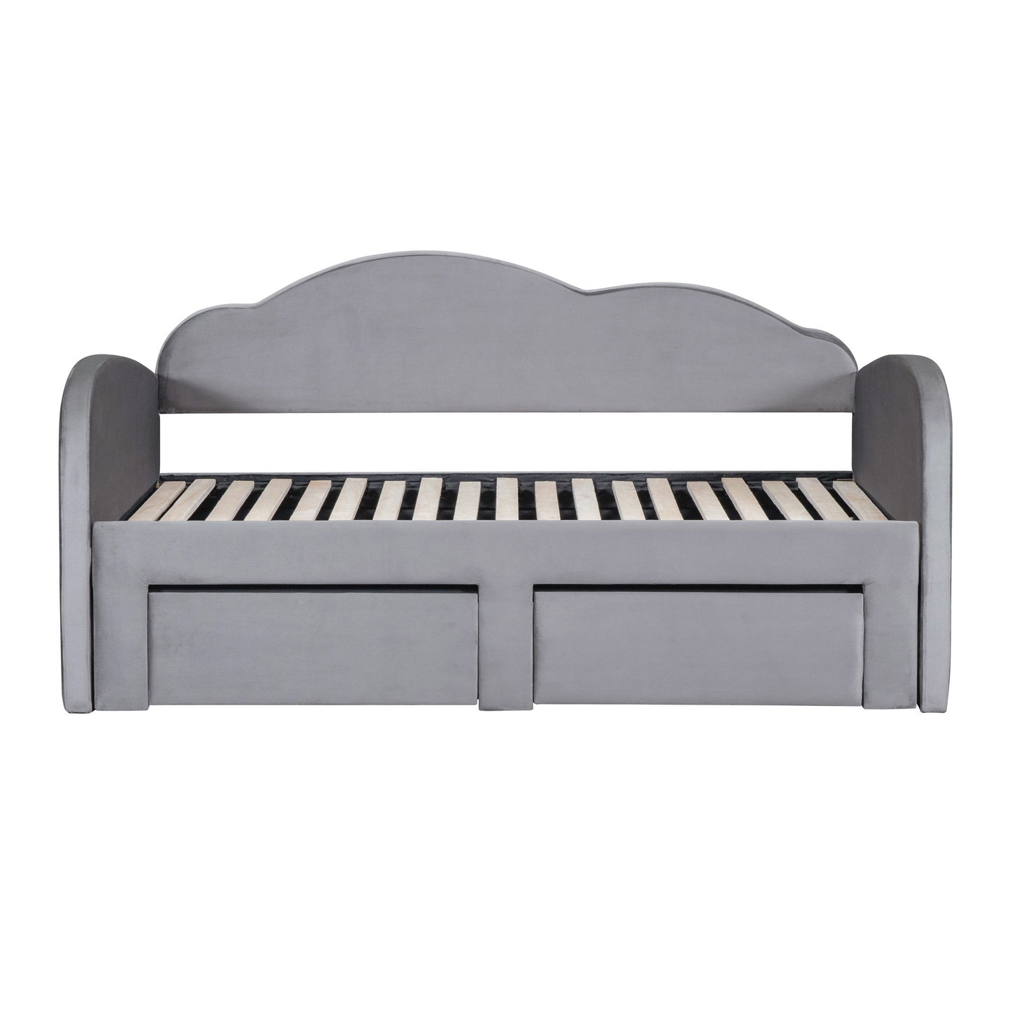 Twin Size Upholstered Daybed With Cloud-Shaped Backrest, Trundle & 2 Drawers And USB Ports - Gray