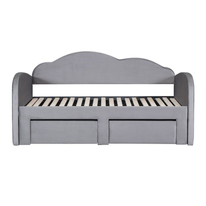 Twin Size Upholstered Daybed With Cloud-Shaped Backrest, Trundle & 2 Drawers And USB Ports - Gray