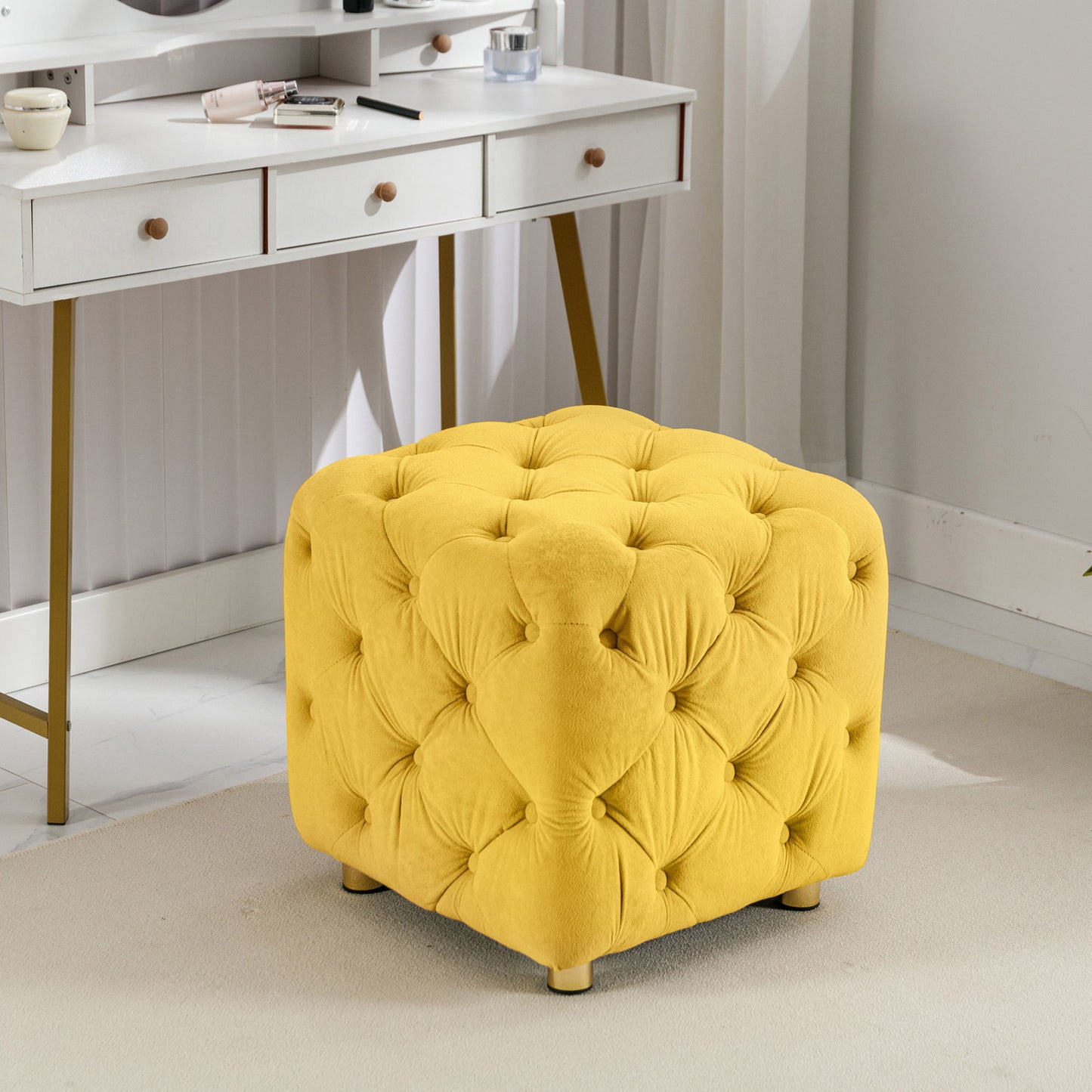 Modern Velvet Upholstered Ottoman, Exquisite Small End Table, Soft Foot Stool, Dressing Makeup Chair, Comfortable Seat For Living Room, Bedroom, Entrance - Yellow