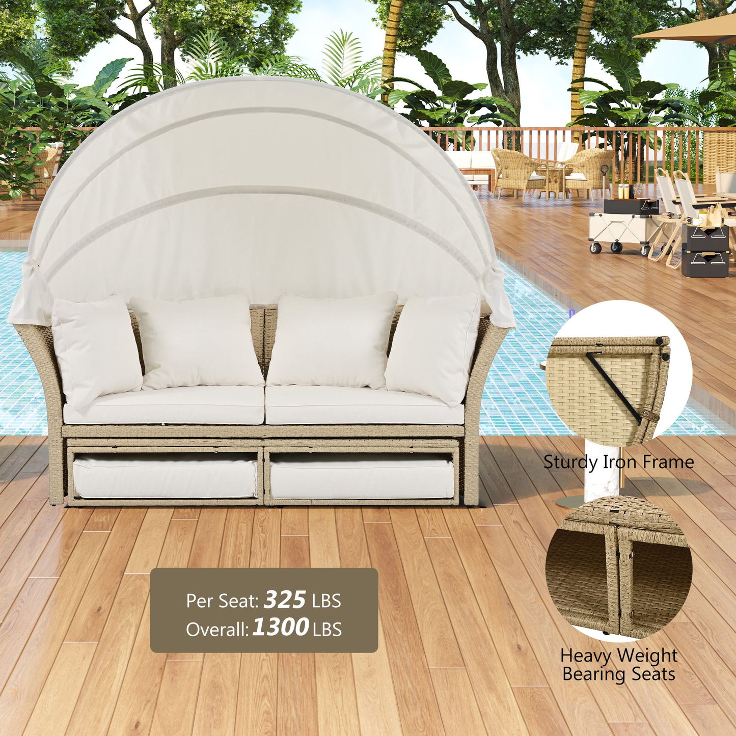 Outdoor Patio Daybed Wicker Rattan Double Daybed Round Sofa Furniture Set With Retractable Canopy, 4 Pillows For Lawn Garden Backyard Porch Pool - Beige