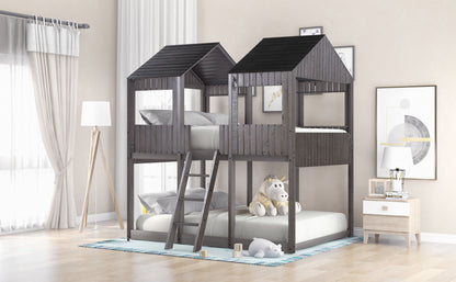 Full Over Full Bunk Bed With Roof, Window, Guardrail, Ladder - Antique Gray