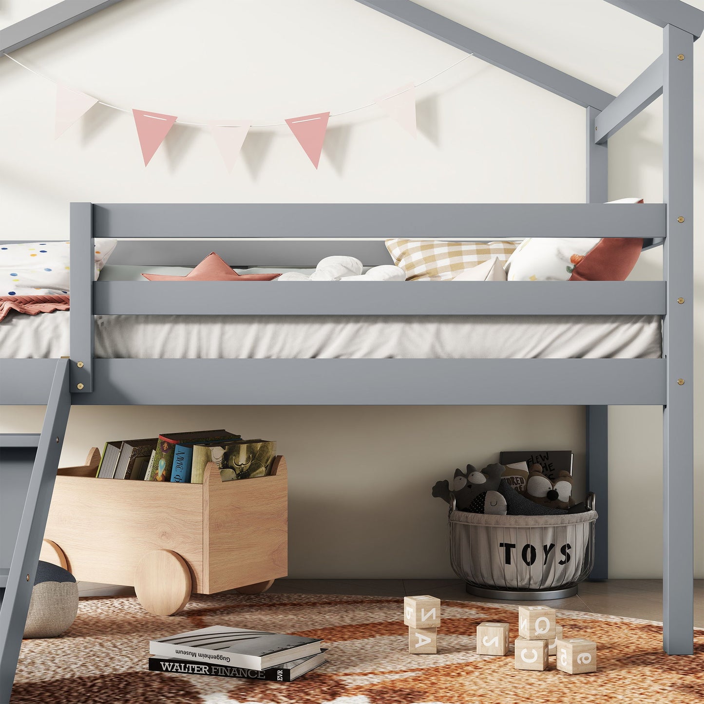 Twin Low Loft House Bed With Slide, Ladder, Safety Guardrails, House Roof Frame - Gray