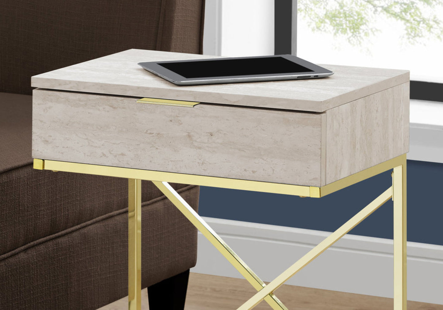 Accent Side Table, Storage Drawer, Marble Look Contemporary & Modern - Beige