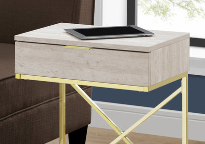 Accent Side Table, Storage Drawer, Marble Look Contemporary & Modern - Beige