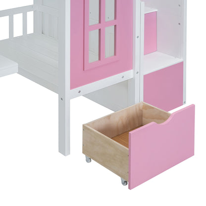Twin Over Twin Bunk Bed With Changeable Table, Bunk Bed Turn Into Upper Bed And Down Desk - Pink