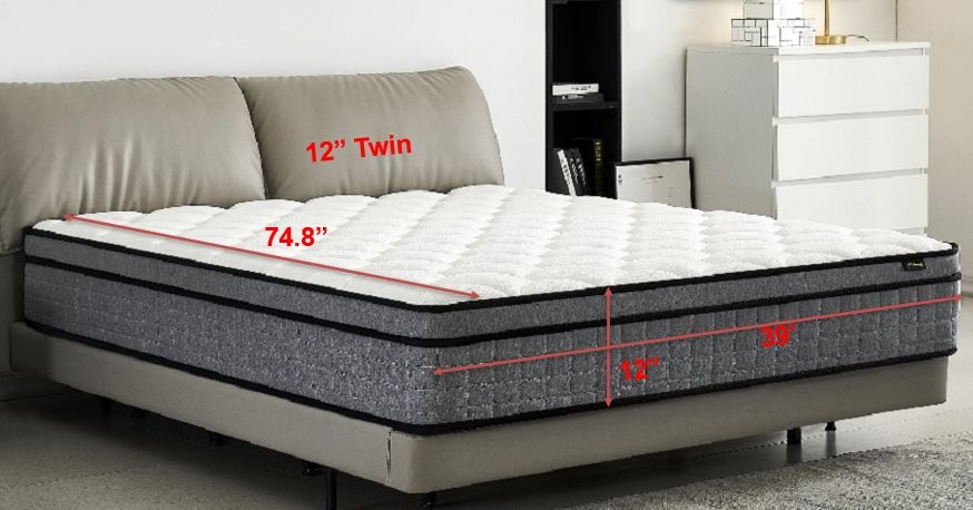 12" Twin Hybrid Mattress A Box, Pillow Top Bed Cushion With Gel Infused Memory Foam, Breathable And Hypoallergenic, Medium Firm For Lumbar Support - White / Gray