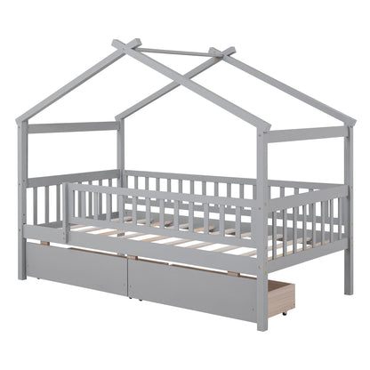 Twin Size House Bed With 2 Drawers - Gray