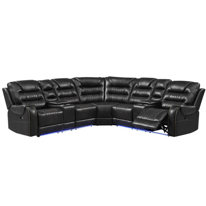 Manual Reclining Sectional Sofa Set L Shaped Symmetrical Motion Sofa Corner Couch Sets With Storage Boxes, 4 Cup Holders And LED Light Strip For Living Room - Black