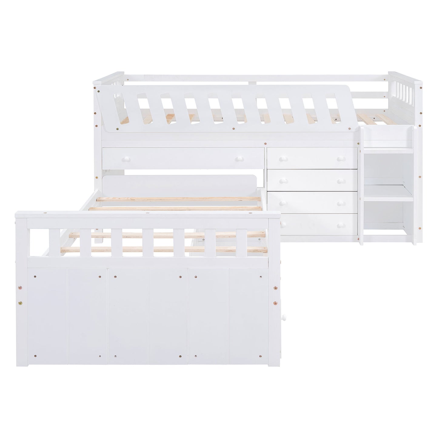 Twin Loft And Platform Bed With 7 Drawers And Full Guardrails, Modern L Shaped Space Savin - White