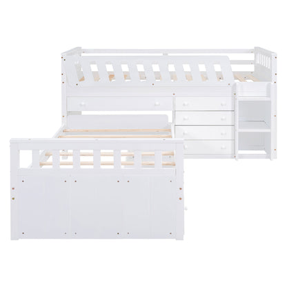 Twin Loft And Platform Bed With 7 Drawers And Full Guardrails, Modern L Shaped Space Savin - White
