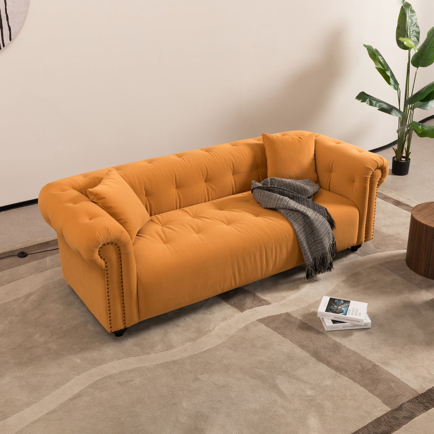 Retro Medieval Style Sofa With Roll Arms And Throw Pillows - Orange