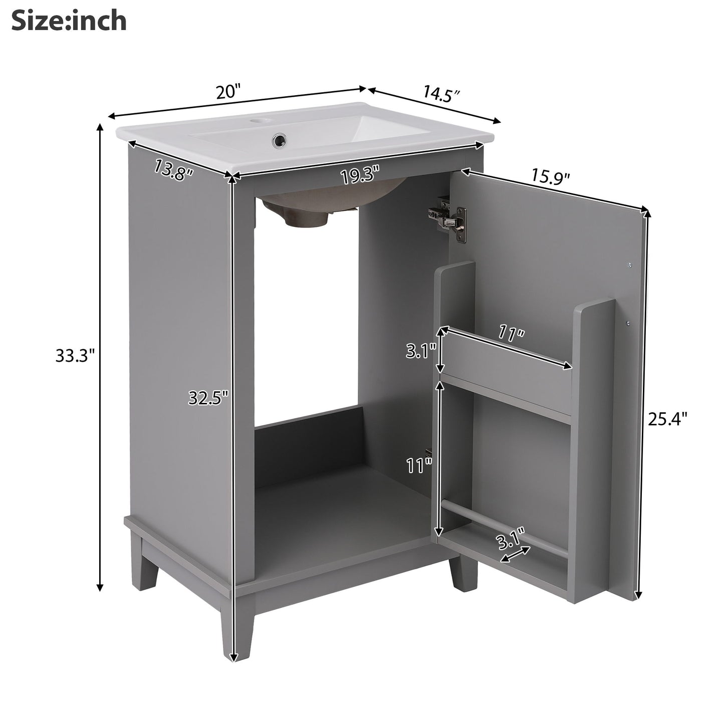 Modern Small Bathroom Vanity Cabinet With Ceramic Basin, Ample Storage, 1 Soft-Close Door - Gray