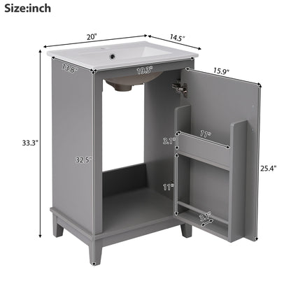 Modern Small Bathroom Vanity Cabinet With Ceramic Basin, Ample Storage, 1 Soft-Close Door - Gray