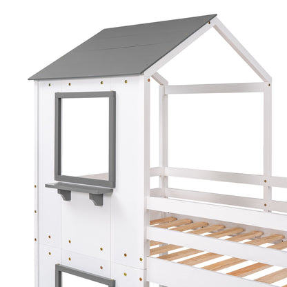 Twin Over Twin Bunk Bed & Roof, Window, Guardrail, Ladder - White