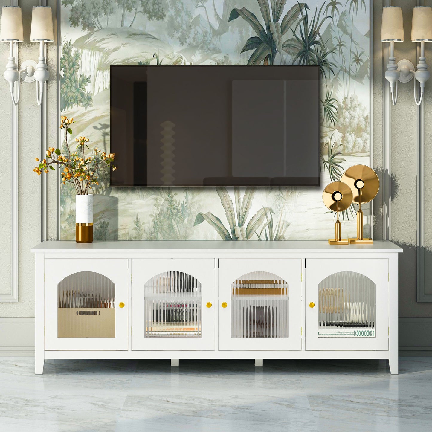 StylishTVcabinet, Entertainment CenterTV Stand, TVconsoletable, Media Console, Solidwood Frame, Changhong Glass Door, Metal Handle - Antique White