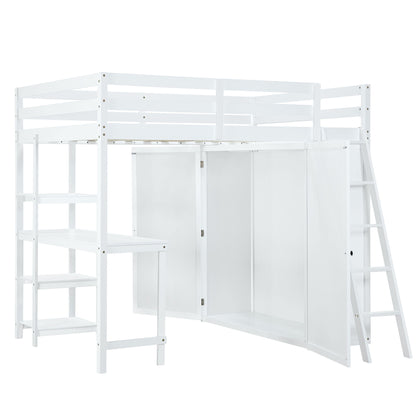 Full Size Loft Bed With Wardrobe And Desk And Shelves - White