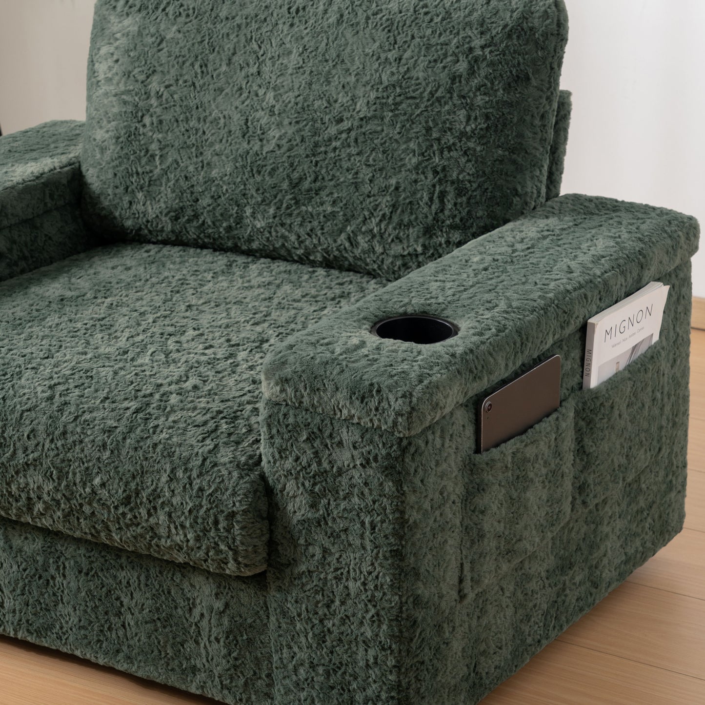 Oversized Chaise Lounge Indoor Rabbit Fur Sofa Bed With Storage Ottoman And Armrests Cup Holders With Deep Seat - Green