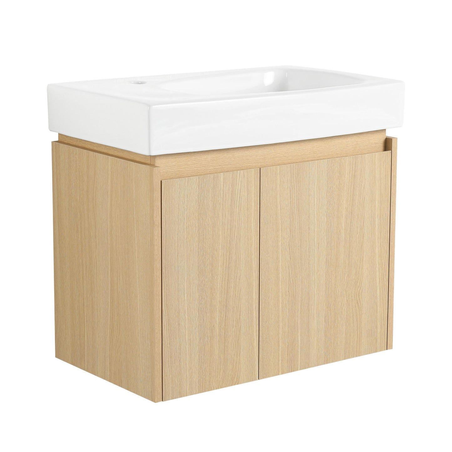 Modern 24" Bathroom Vanity With Ceramic Basin, Wall Mounted Floating Sink Combo, Wooden Storage Cabinet - Oak