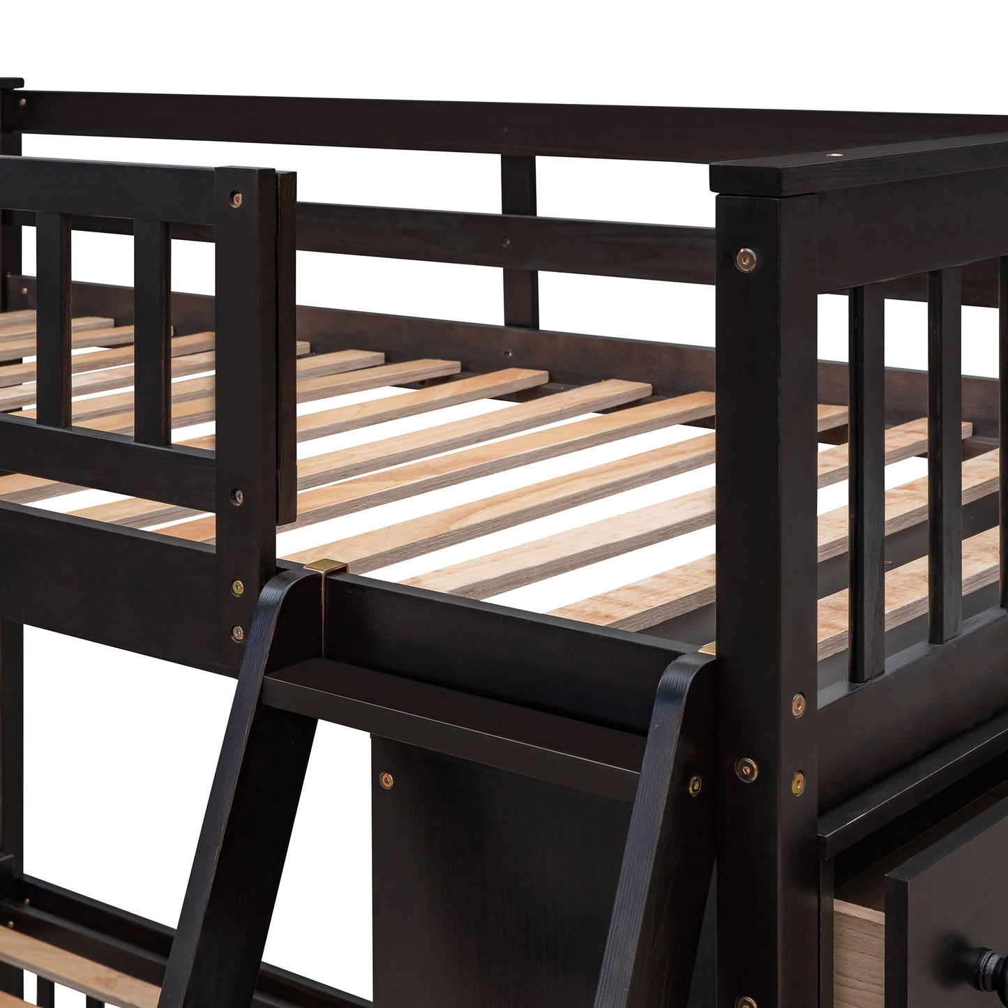Twin Over Full Bunk Bed With 6 Drawers And Flexible Shelves, Bottom Bed With Wheels - Espresso