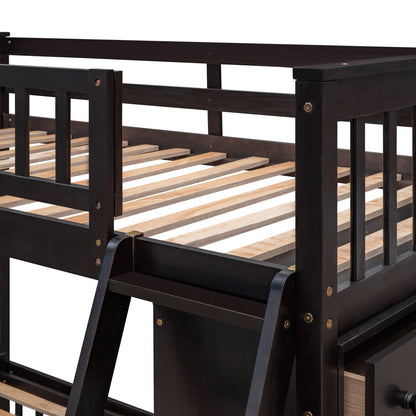 Twin Over Full Bunk Bed With 6 Drawers And Flexible Shelves, Bottom Bed With Wheels - Espresso