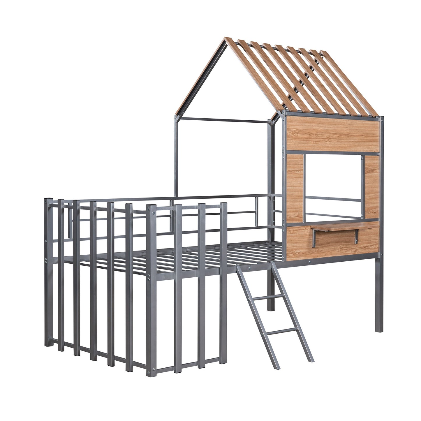 Twin Size Loft Bed With Roof, Window, Guardrail, Ladder - Silver