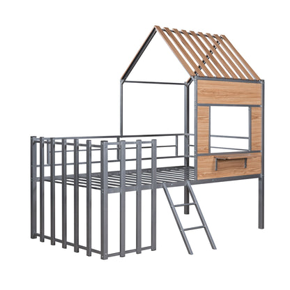 Twin Size Loft Bed With Roof, Window, Guardrail, Ladder - Silver