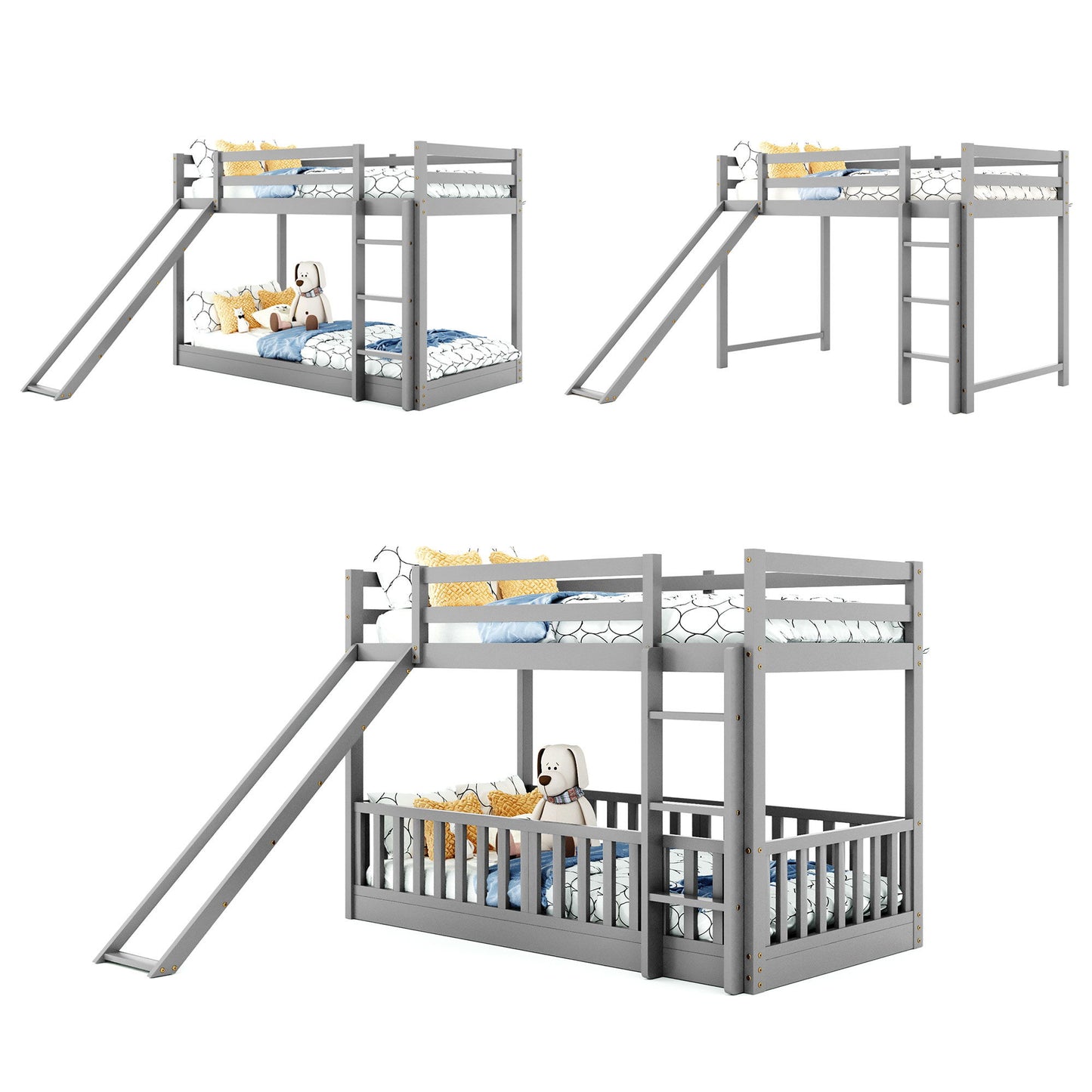 Twin Over Twin Classic Bunk Bed & Slide And Ladder - Gray
