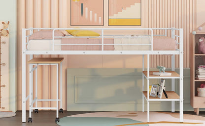 Twin Size Loft Bed With Desk And Shelves - White