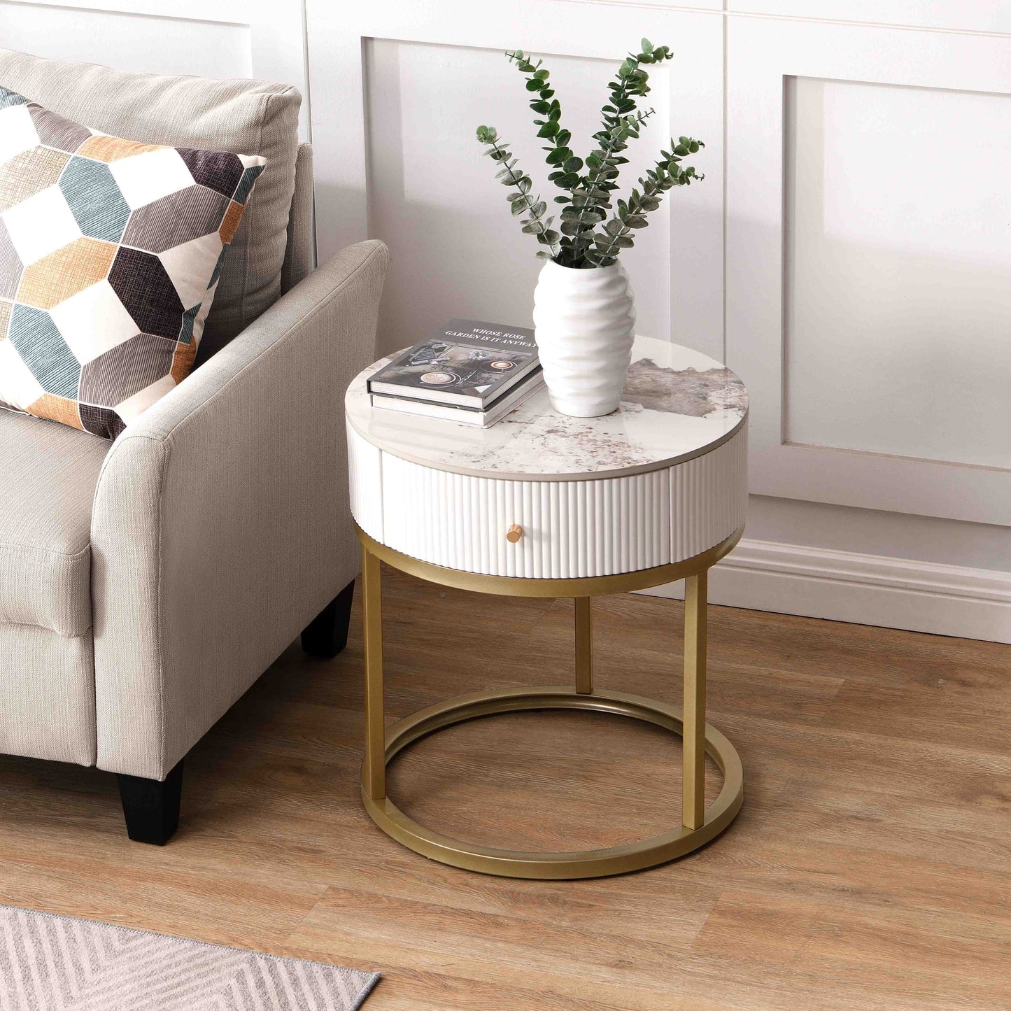 Modern Nightstand With Drawer, Marble Round End Table - White