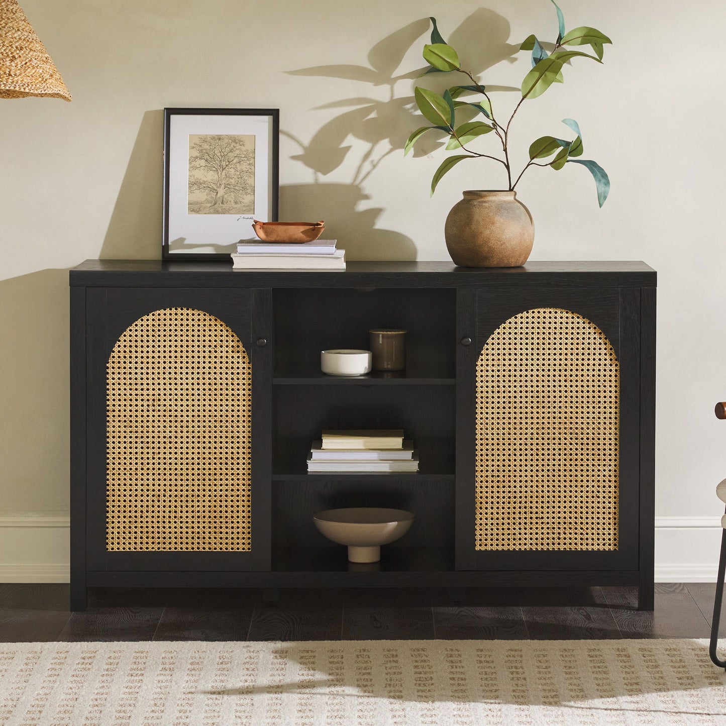 Transitional 2 Door Sideboard With Arched Rattan Panels - Black