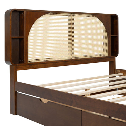Queen Size Headboard Bed With 2 Drawers And Trundle Walnut