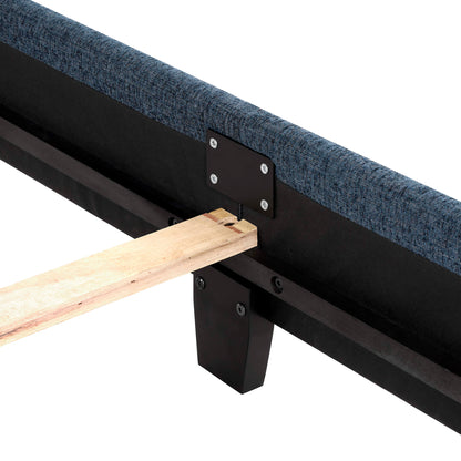 Queen Size Squares Upholstered Platform Bed - Navy Blue Denim