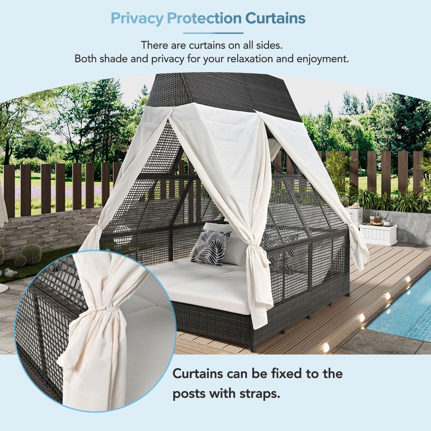 Outdoor Daybed Patio Lounge Bed With Adjustable Backrest Double Sun Lounger With Curtains, 4 Pillows For Garden Patio Poolside Balcony Beach - Cream