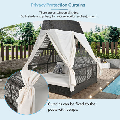 Outdoor Daybed Patio Lounge Bed With Adjustable Backrest Double Sun Lounger With Curtains, 4 Pillows For Garden Patio Poolside Balcony Beach - Cream