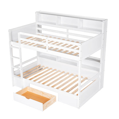 Twin Size Bunk Bed With Built-In Shelves Beside Both Upper And Down Bed And Storage Drawer - White