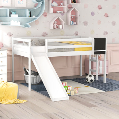 Twin Size Loft Bed With Slide, Stair And Chalkboard - White