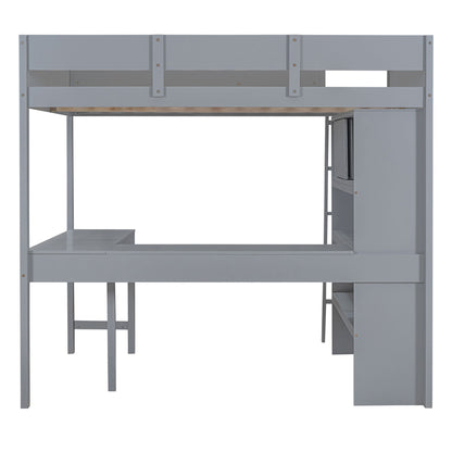 Full Size Modern Loft Bed With Desk And Shelves - Gray