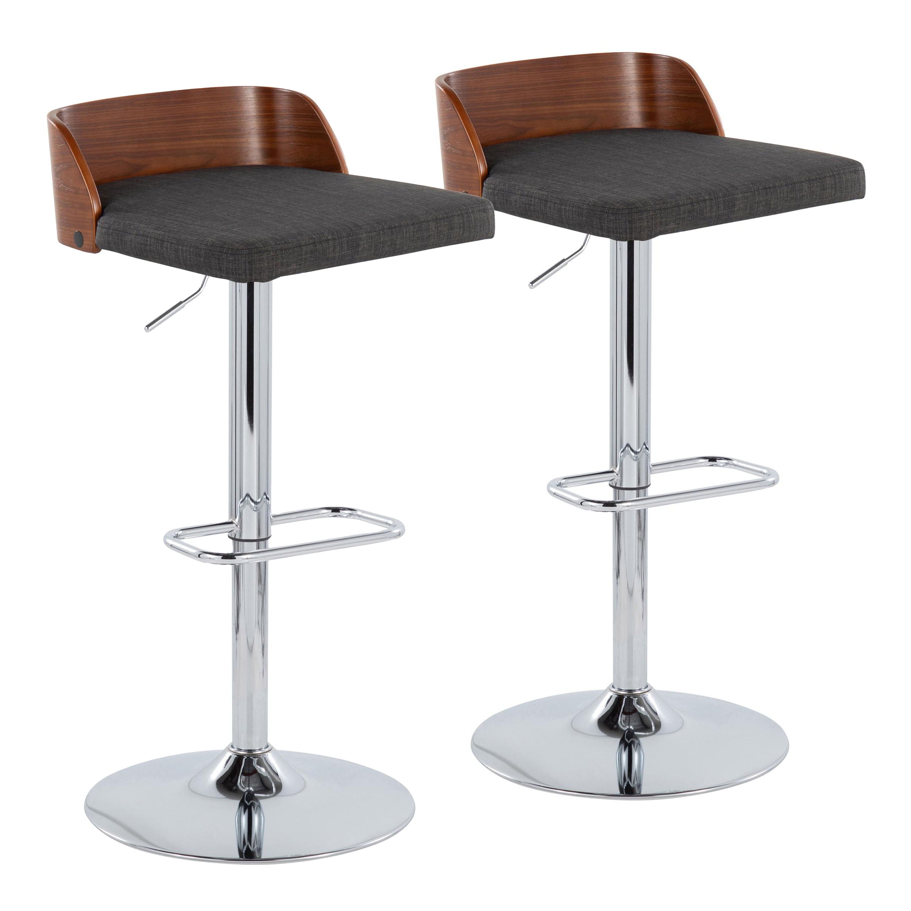 Maya - Mid-Century Modern Adjustable Barstool With Swivel With Rounded Rectangle Footrest (Set of 2) - Chrome / Walnut / Charcoal