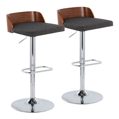 Maya - Mid-Century Modern Adjustable Barstool With Swivel With Rounded Rectangle Footrest (Set of 2) - Chrome / Walnut / Charcoal