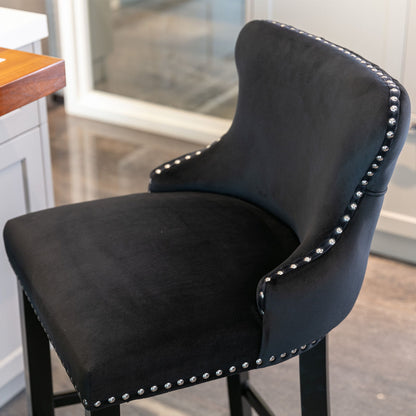 Contemporary Velvet Upholstered Wing-Back Barstools With Button Tufted Decoration And Wooden Legs, And Chrome Nailhead Trim, Leisure Style Bar Chairs, Bar Stools (Set of 4) - Black