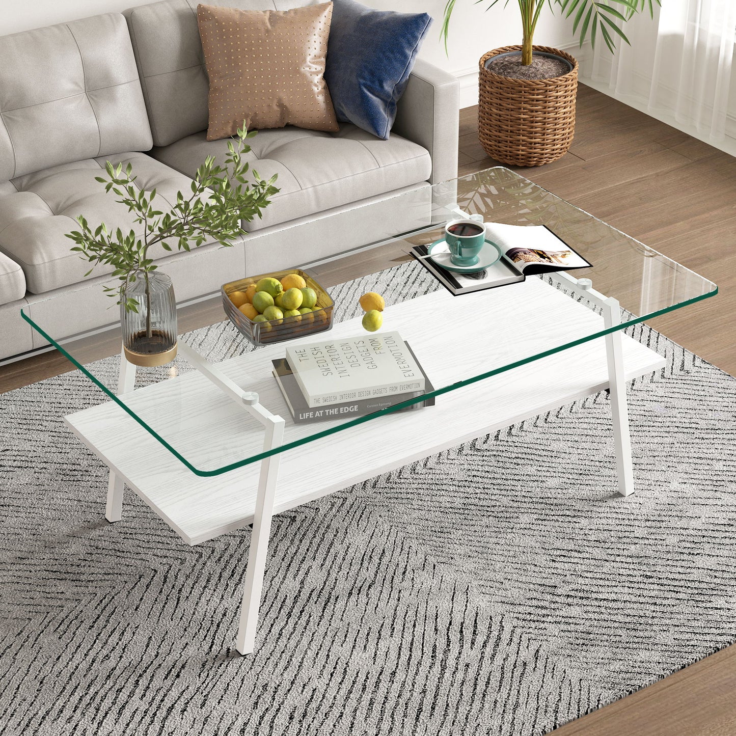 Rectangle Coffee Table, Tempered Glass Tabletop With Metal Legs, Modern Table For Living Room - Transparent / White
