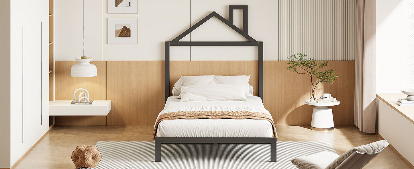 Twin Size Platform Bed With House-Shaped Headboard Design - Black