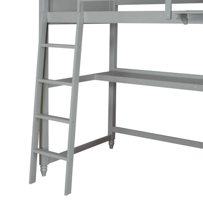 Twin Size Loft Bed With Drawers And Desk, With Shelves - Gray